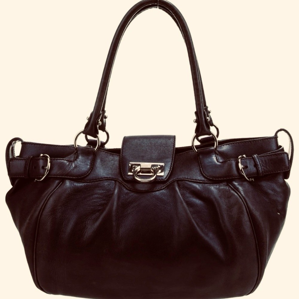 FERRAGAMO Black Soft Leather Bag Purse Silver Hardware Authentic Like New!!